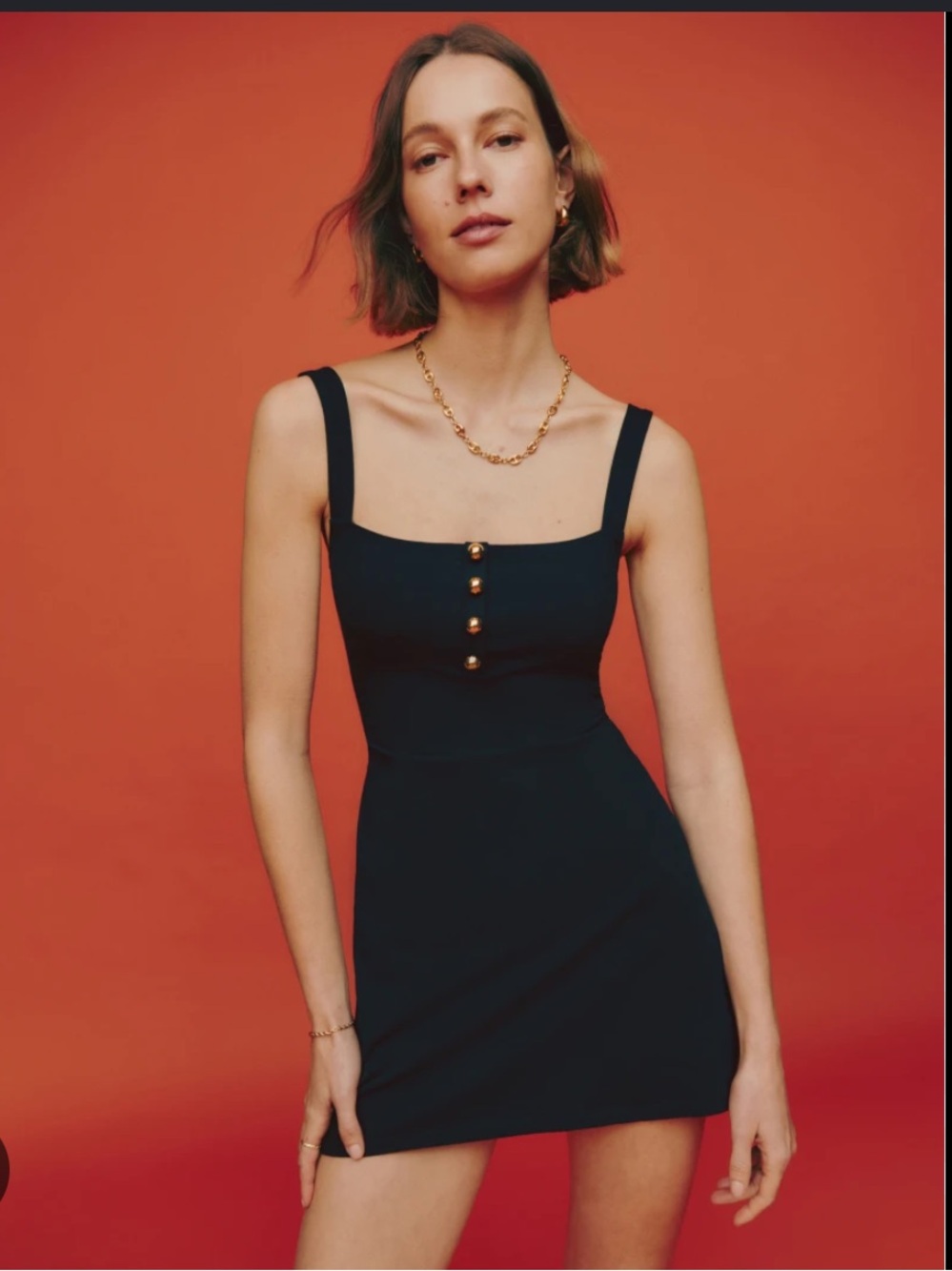Reformation Black Mini Dress with Gold Buttons